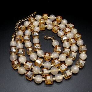 Square Crystal Light Topaz Crackle Glass Beaded Long Necklace, 40" Hand-knotted